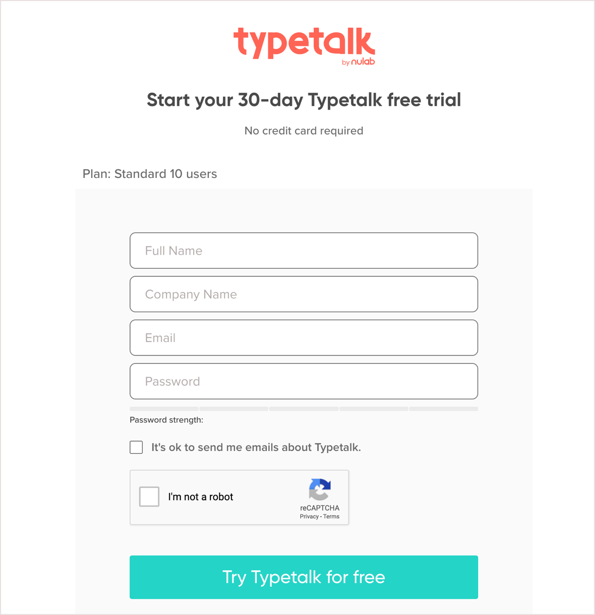 Screenshot:  Typetalk free trial page