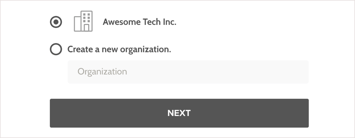 Screenshot: select the organization